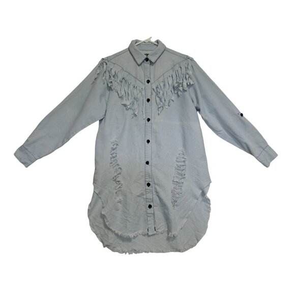 Y2K Kroix Western Boho Shacket Fringe Streetwear Tomboy Tunic Shirt Roll Tab 1X - Picture 1 of 14